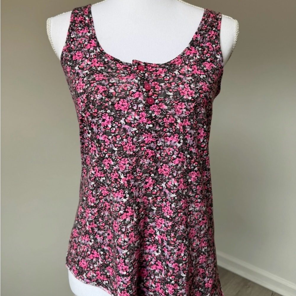 Roxy XS‎ Floral Tank Top Pink Black Asymmetrical Hem Stretch Casual Y2K